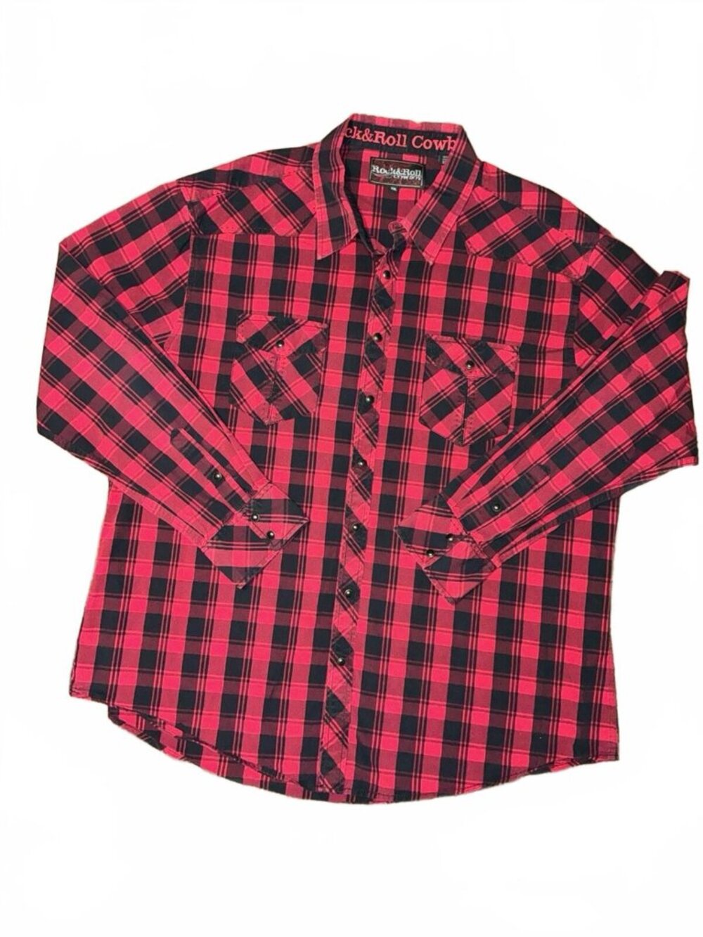 Rock & Roll Cowboy Men's Red Black Plaid Long Sleeve Snap Shirt Size XXL READ